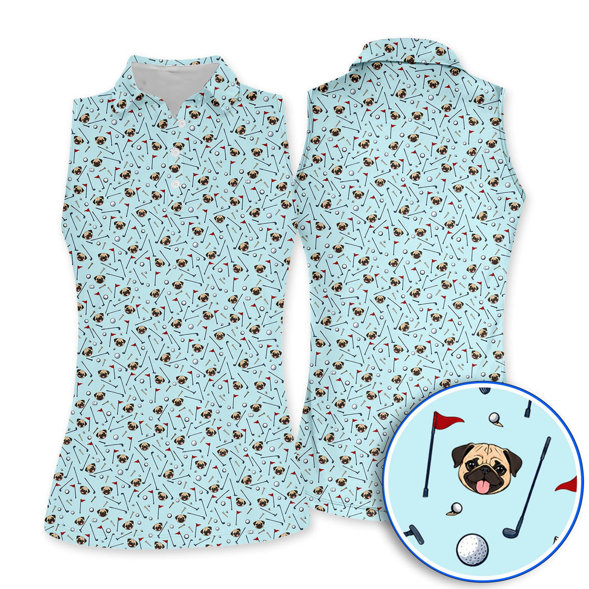 Pug Pattern Golf Polos, Pug Golf Shirt For Dog Lovers, Crazy Golf Gift For Golfers