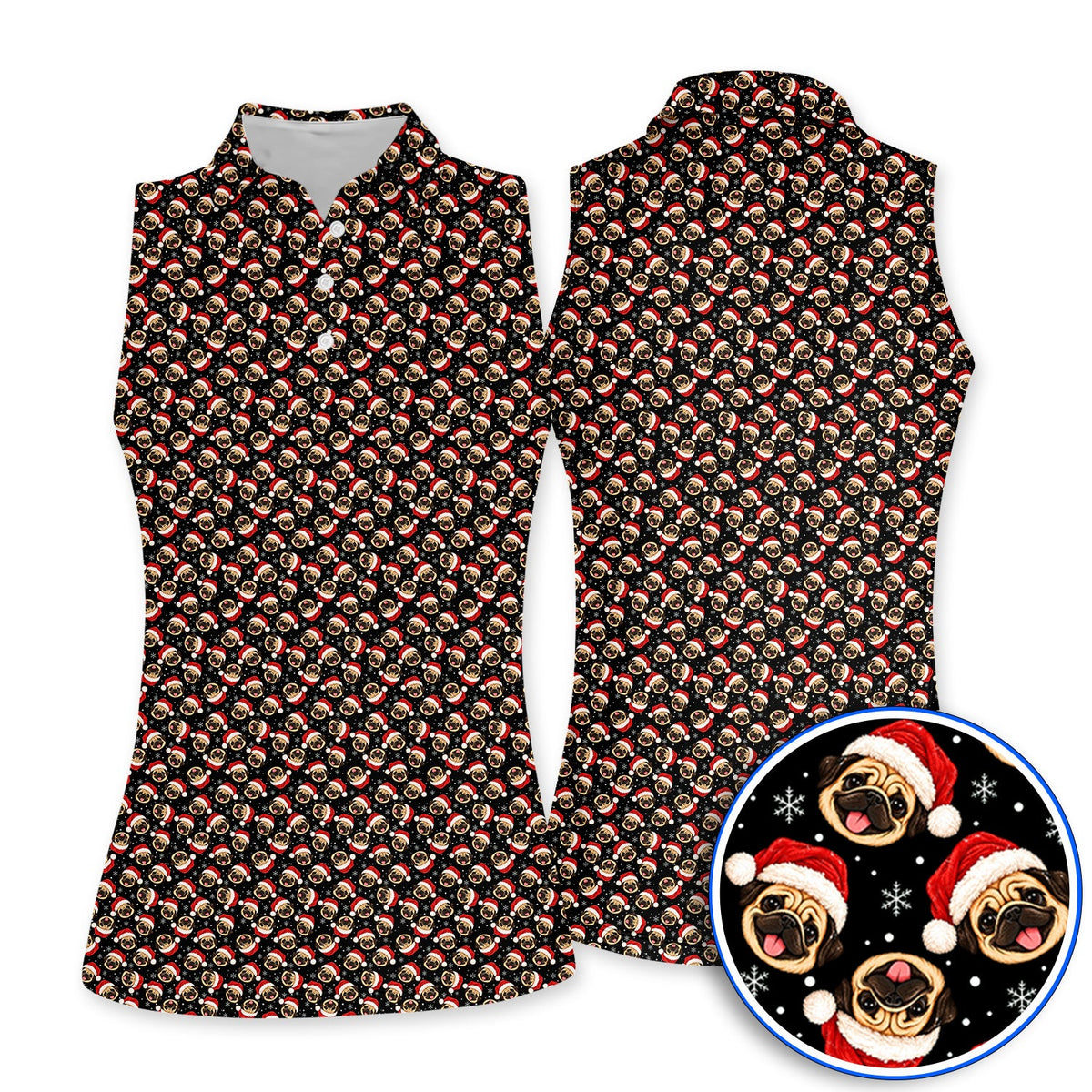 Funny Christmas Pug Golf Polos, Pug Pattern Golf Shirt For Dog Lovers, Xmas Golf Gift For Golfers