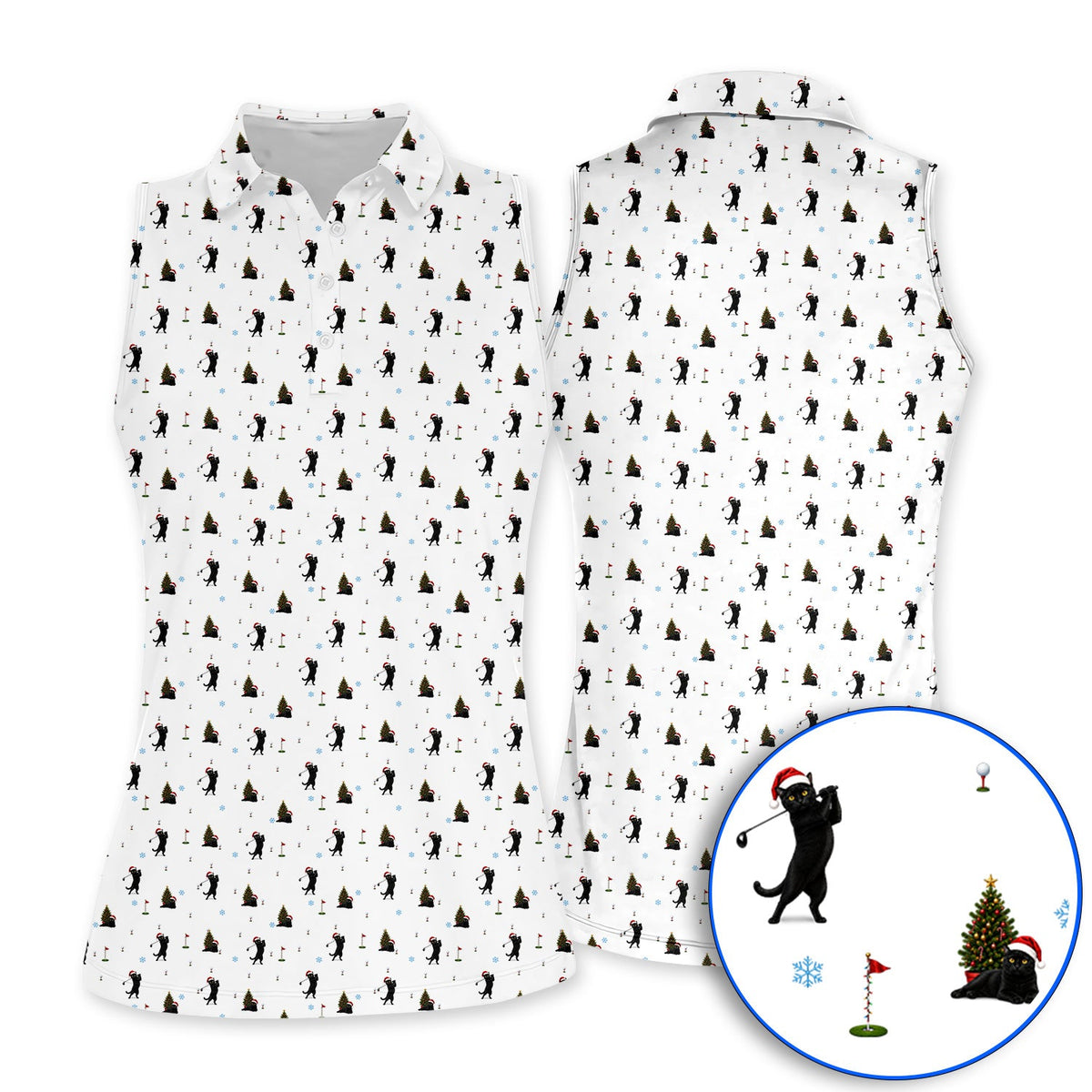 Black Cat Christmas Golf Shirt, Funny Cat Pattern Golf Polos, Xmas Golf Gift for Golfers