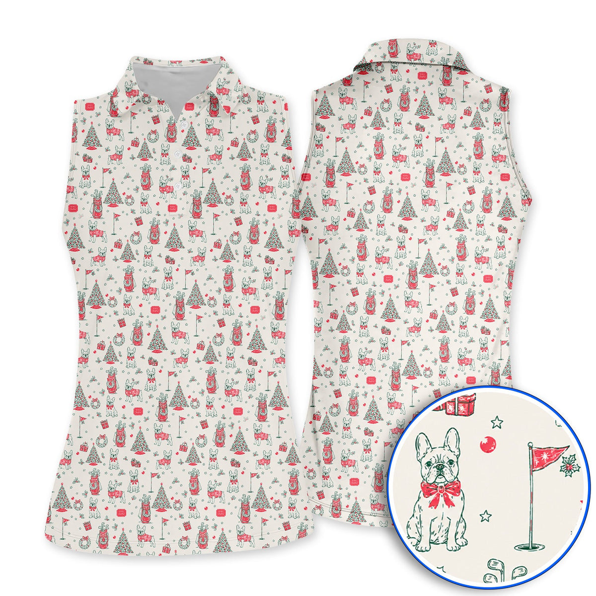 French Bulldog Christmas Golf Polos, Festive Dog Golf Pattern Shirt, Funny Xmas Golf Gift for Golfers