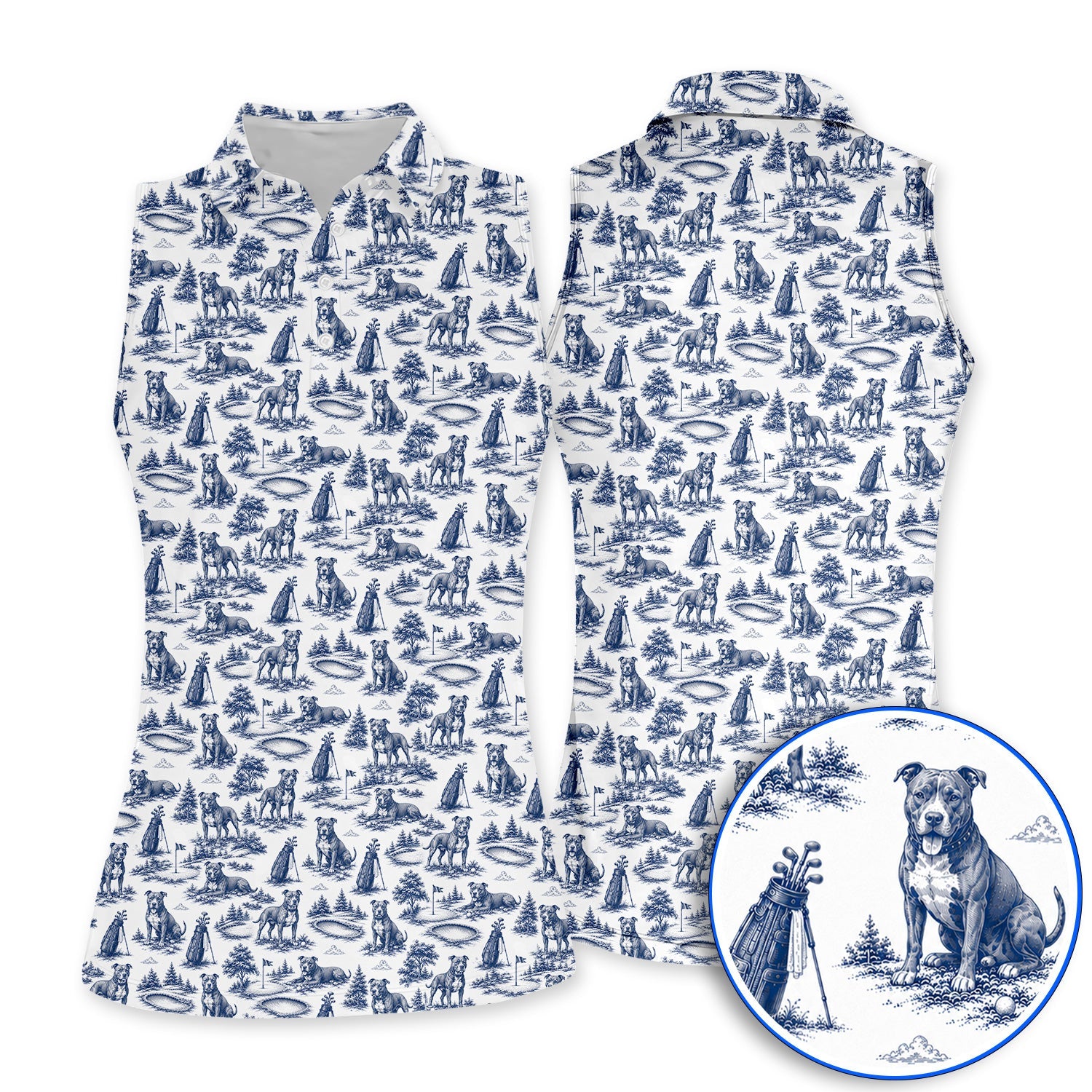 Crazy Pit Bull Golf Polos For Golfer, Toile de Jouy Pit Bull Pattern Golf Shirt, Dog Lover Golf Gift