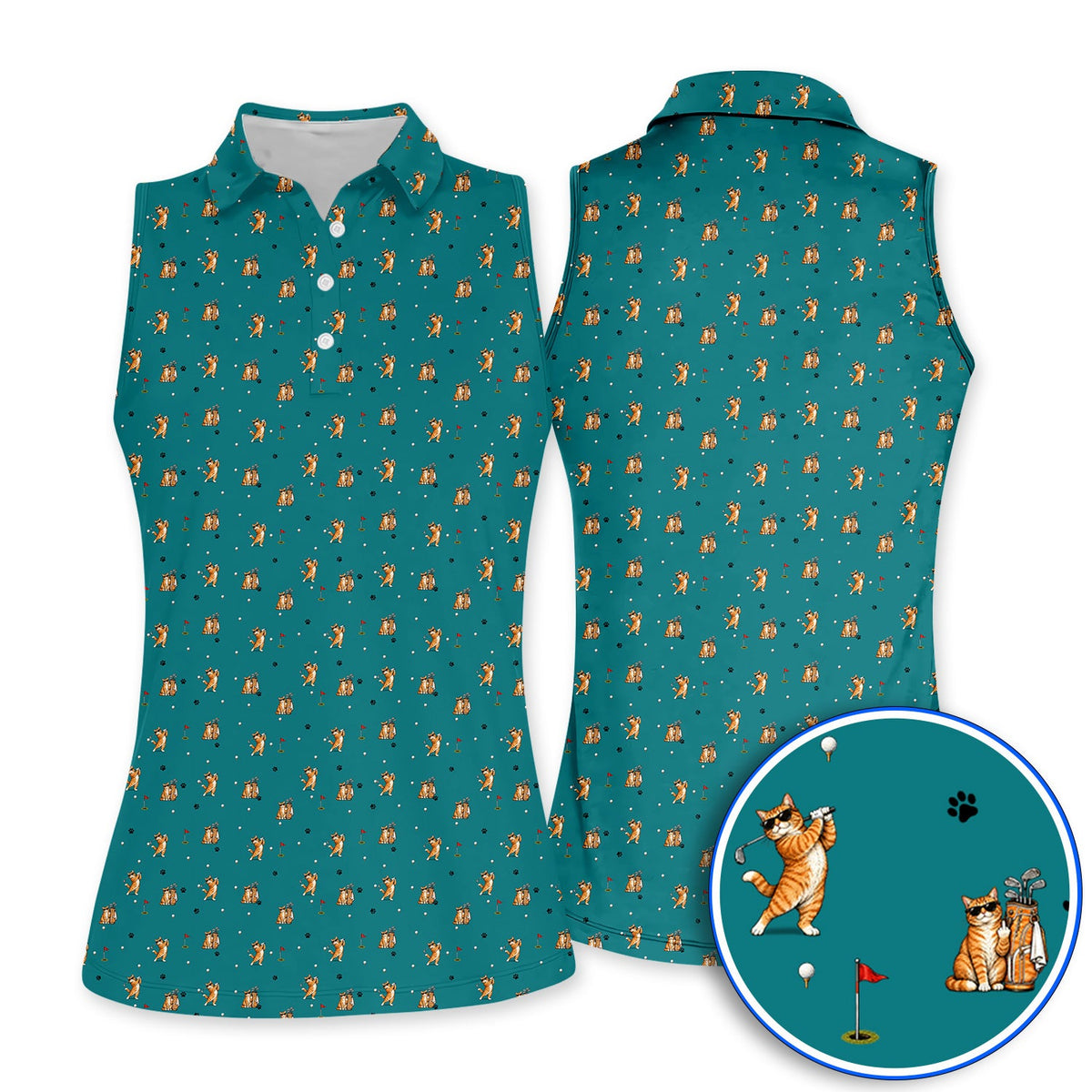 Funny Golf Cat Shirt, Orange Tabby Cat Playing Golf Pattern Polos, Golf Gift For Golfers