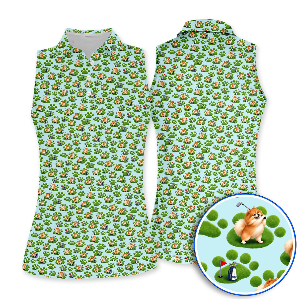Pomeranian Paw Pattern Golf Polos, Cute Fluffy Pom Dog Pattern Golf Shirt, Crazy Golf Gift For Golfers