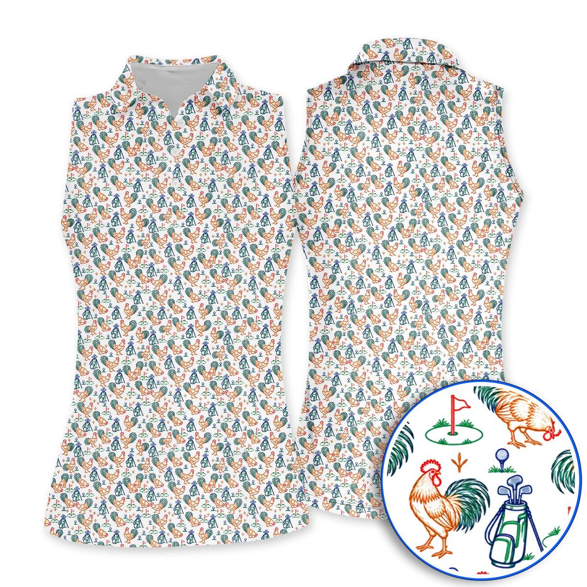 Colorful Rooster Golf Polos, Rooster Pattern Golf Shirt For Chicken Lovers, Funny Golf Gift for Golfers