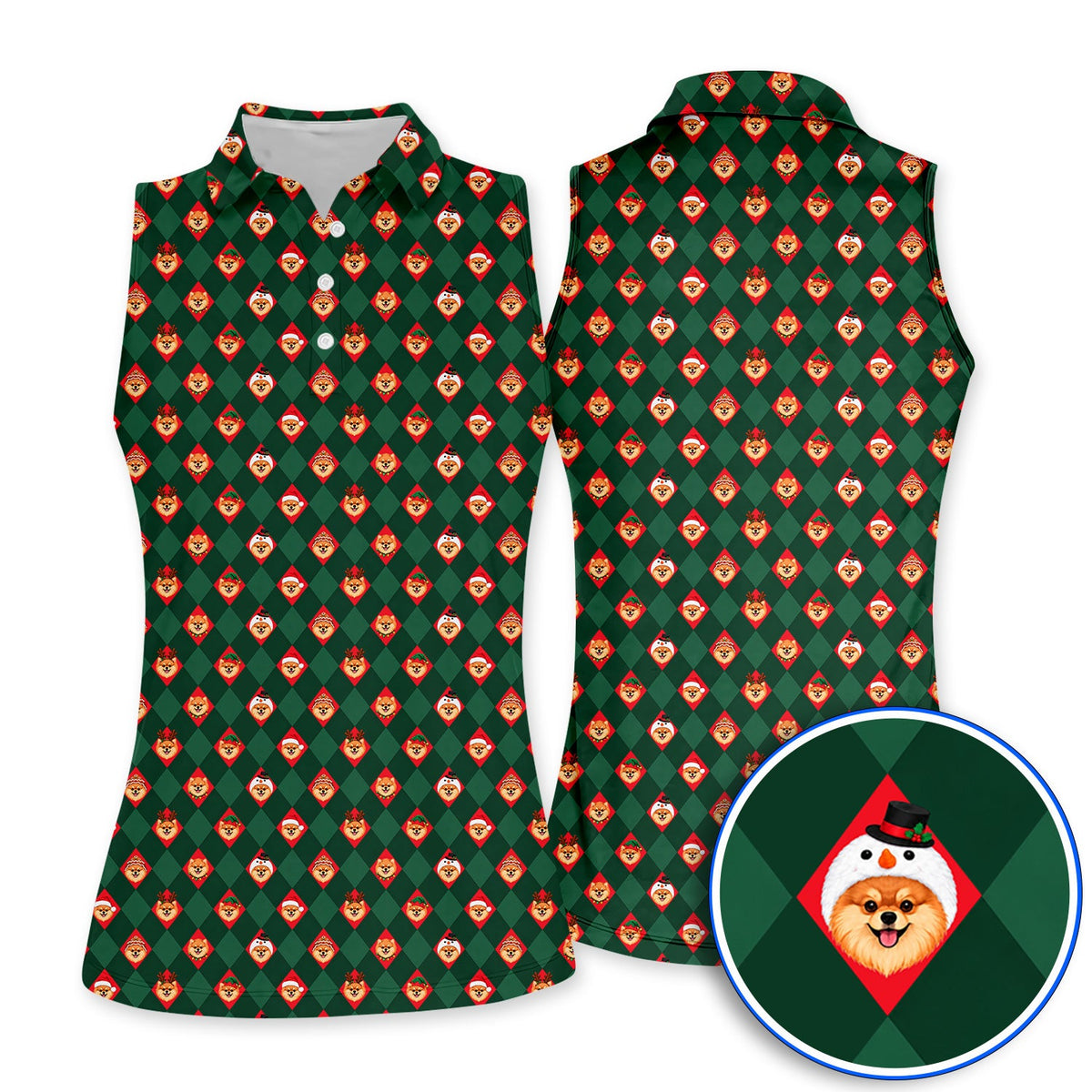 Christmas Pomeranian Golf Polos, Green Argyle & Santa Dog Pattern Golf Shirt, Xmas Golf Gift For Golfer