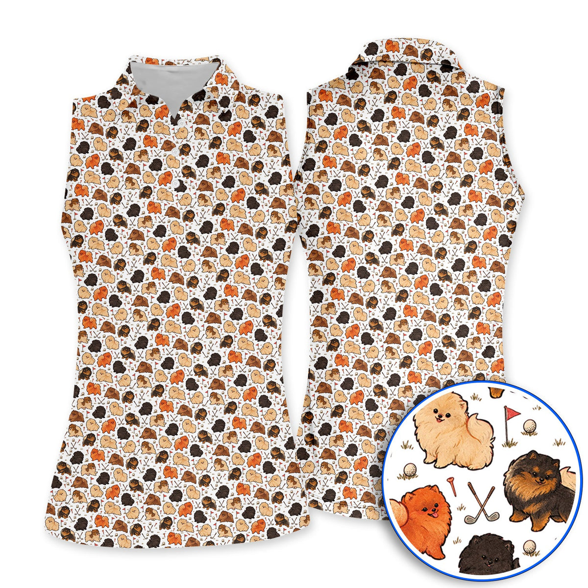 Funny Pomeranian Golf Polos, Pom Dog & Golf Pattern Shirt, Golf Gift For Golfer