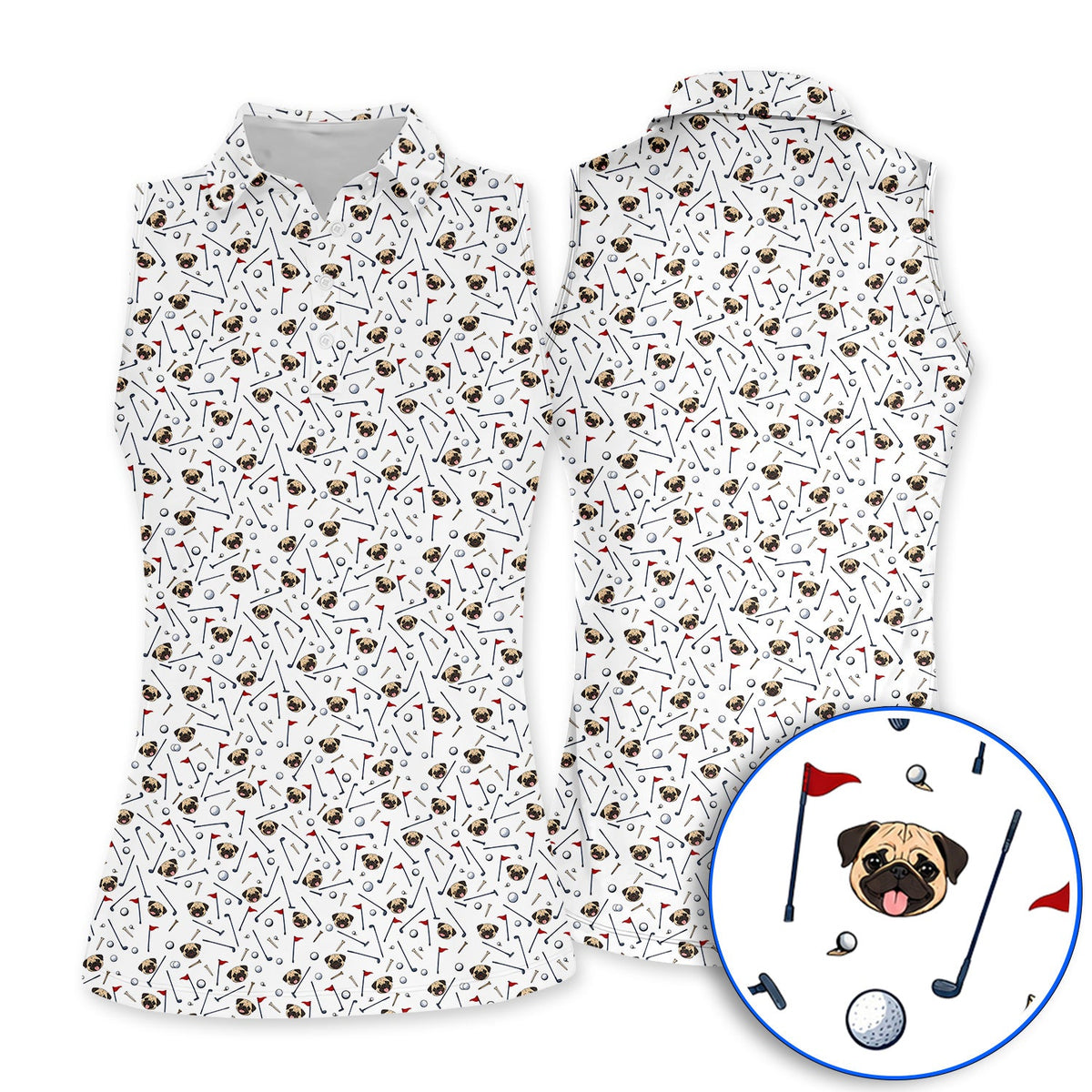 Pug Pattern Golf Polos, Pug Golf Shirt For Dog Lovers, Crazy Golf Gift For Golfers