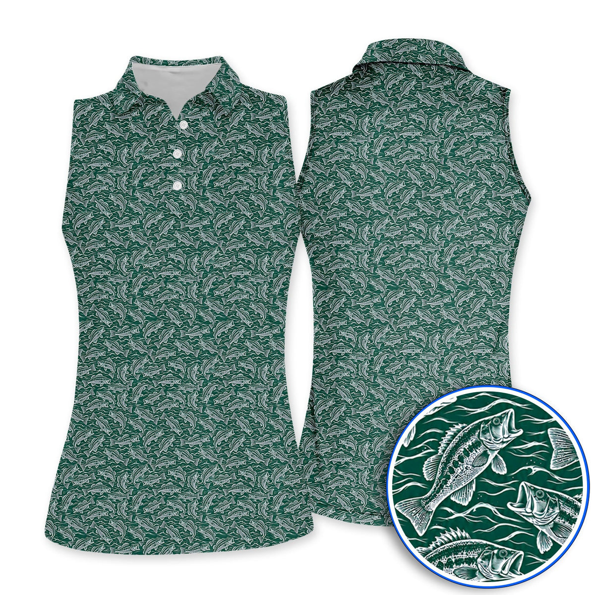 Vintage Bass Fishing Golf Polos, Forest Green Fish & Water Pattern Shirt, Golf Apparel Gift for Fishing Lovers