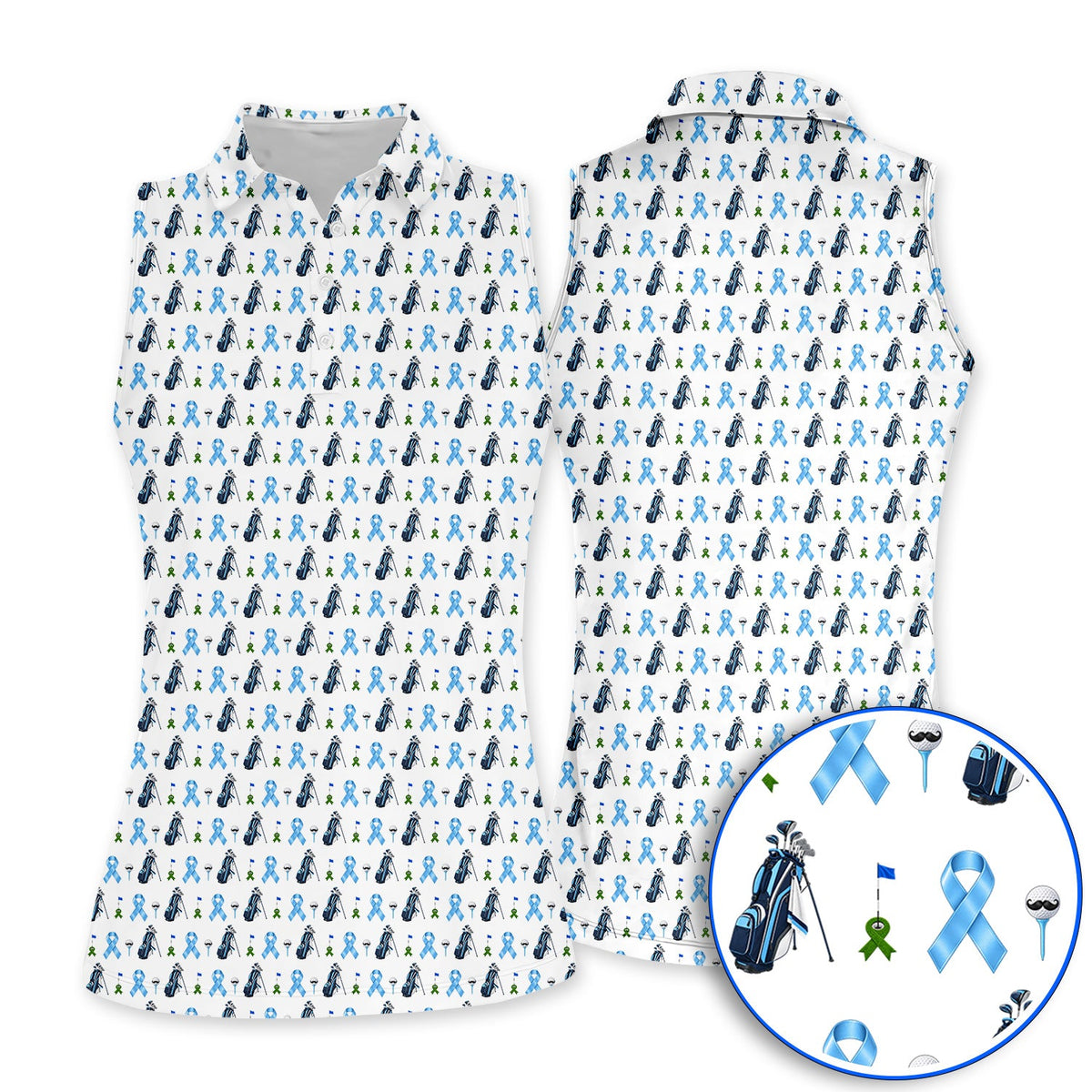 Prostate Cancer Awareness Golf Polos, Blue Ribbon Golf Pattern Shirt, Prostate Cancer Support Gift for Golfers