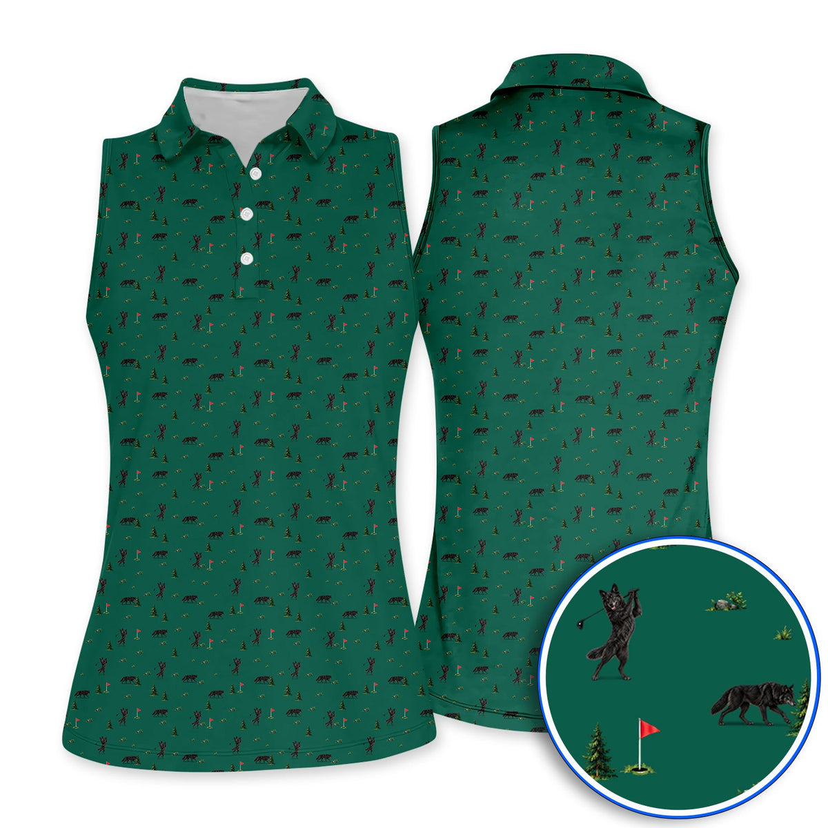 Black Wolf Pattern Golf Polos, Crazy Wolf Golf Shirt, Wilderness Golf Gift for Golfers