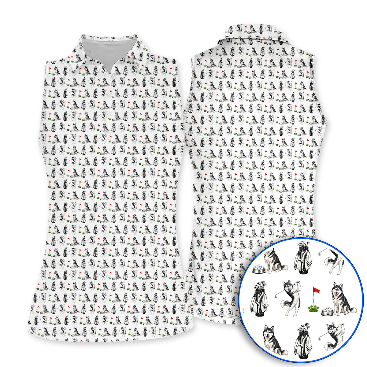 Funny Husky Golf Polos, Husky Sibir Pattern Golf Shirt For Dog Lover, Golf Gift For Golfer