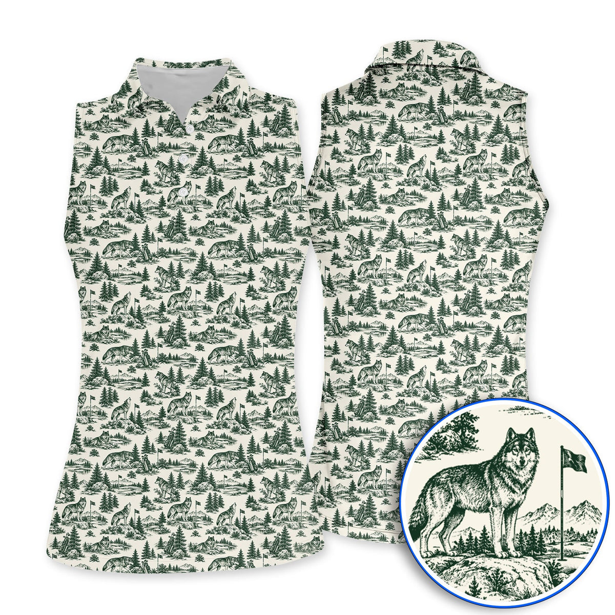 Vintage Wolf Golf Polos, Wilderness Wolf Pattern Golf Shirt, Nature Inspired Golf Gift for Golfers