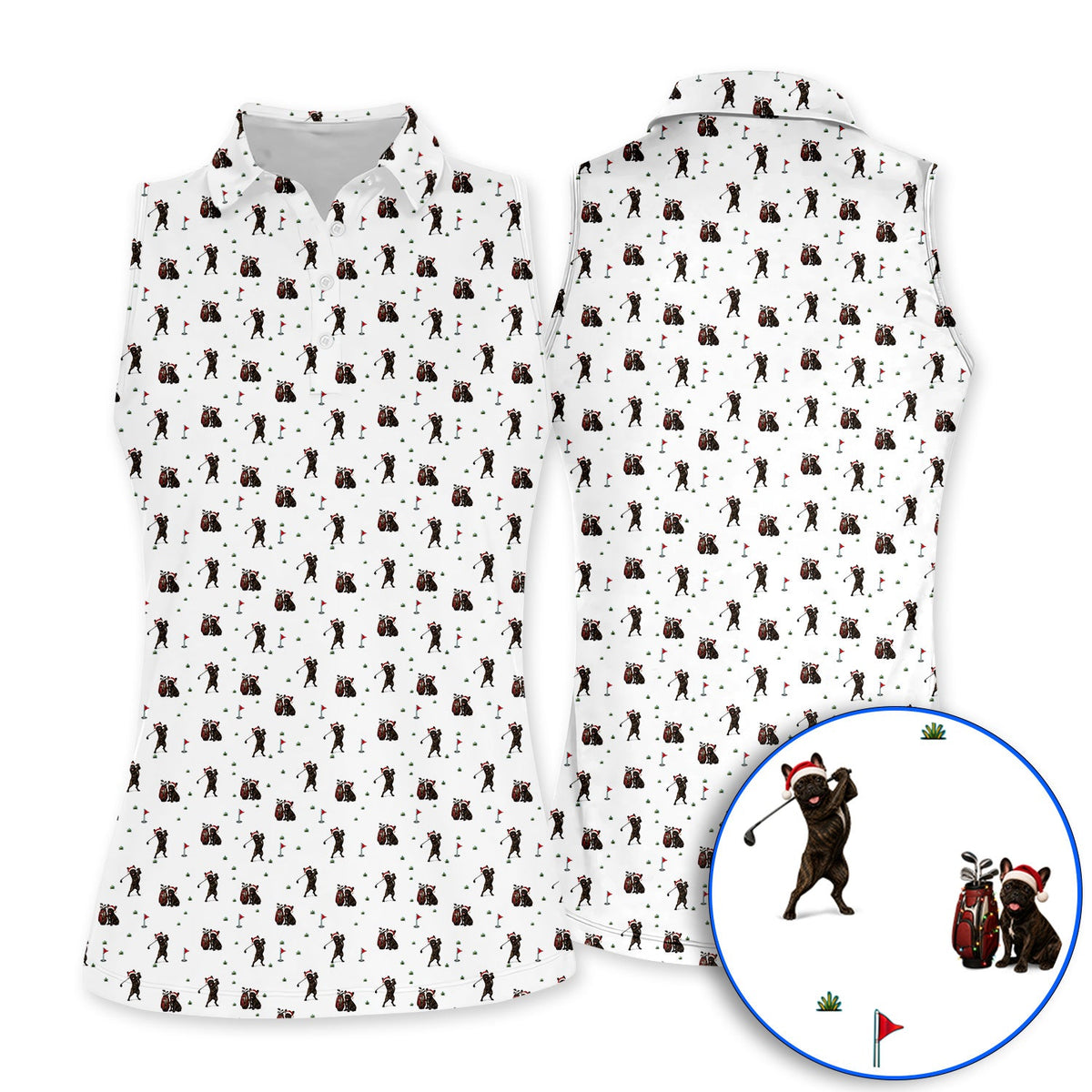 Christmas French BullDog Golfer Polos, Xmas French BullDog Golf Pattern Shirt, Holiday Golf Gift for Golfers