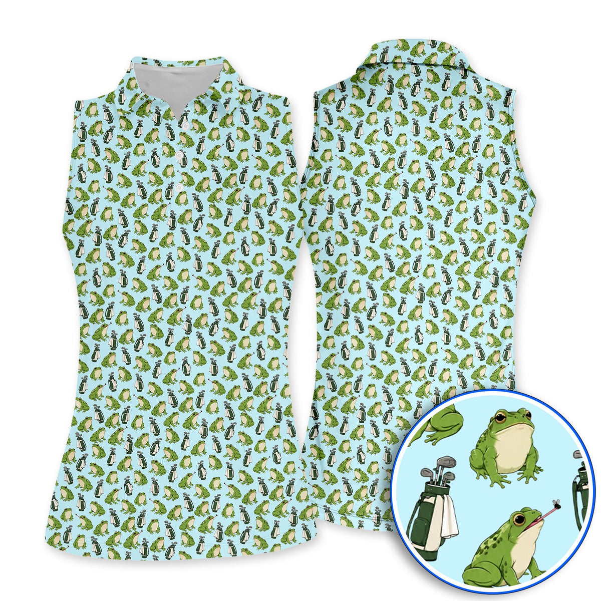 Cute Frog Golf Polos, Playful Frog & Golf Bag Pattern Shirt, Funny Golf Gift For Frog Lovers