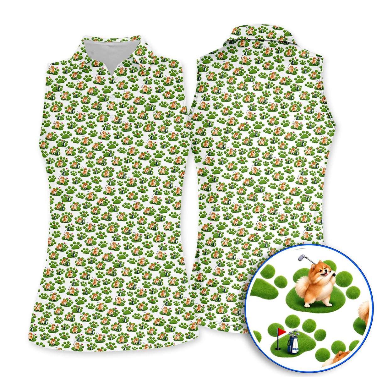 Pomeranian Paw Pattern Golf Polos, Cute Fluffy Pom Dog Pattern Golf Shirt, Crazy Golf Gift For Golfers
