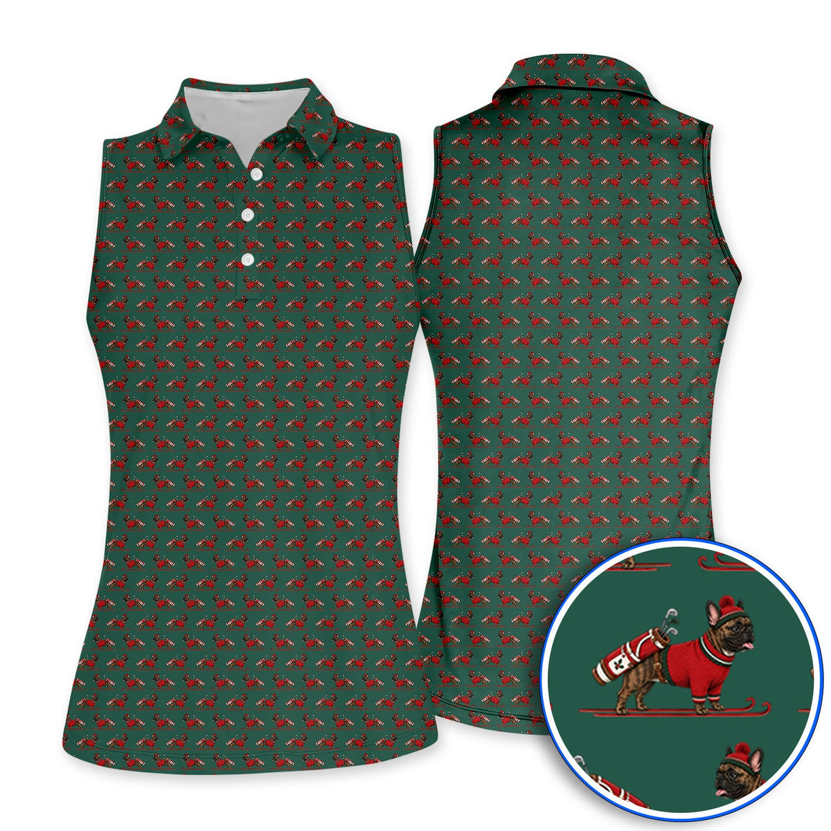 French Bulldog Holiday Golf Polos, Christmas Dog Pattern Golf Shirt, Festive Golf Gift for Golfers
