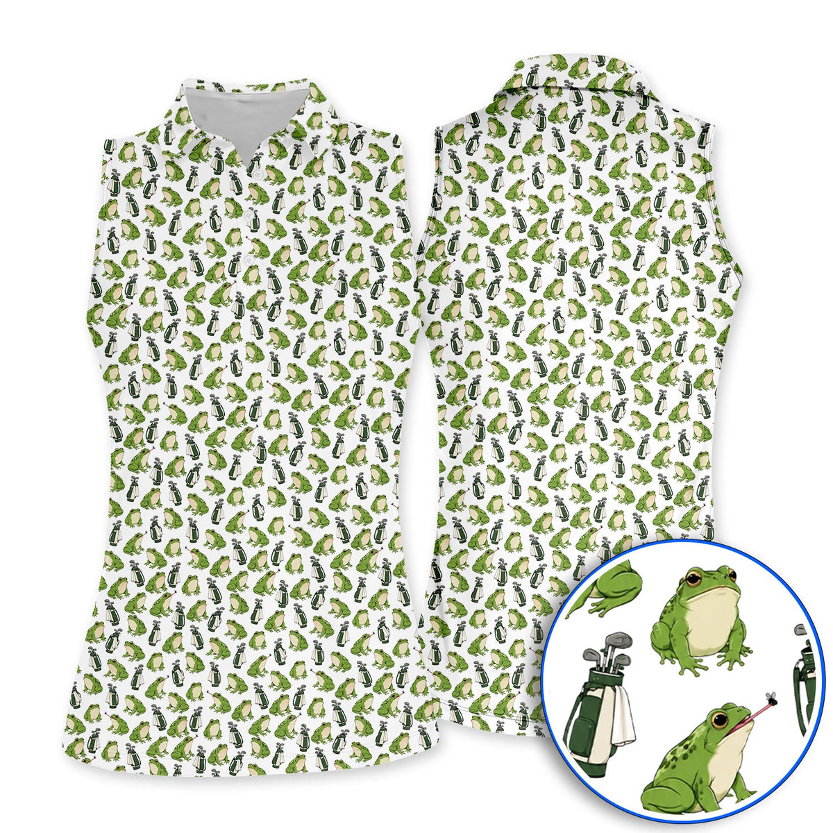 Cute Frog Golf Polos, Playful Frog & Golf Bag Pattern Shirt, Funny Golf Gift For Frog Lovers