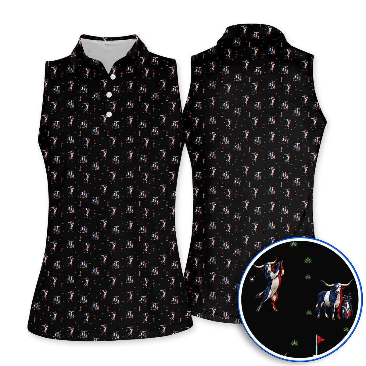 Texas Longhorn Pattern Golf Polos, Patriotic Bull Golf Shirt, Unique Texas Golf Gift For Golfer