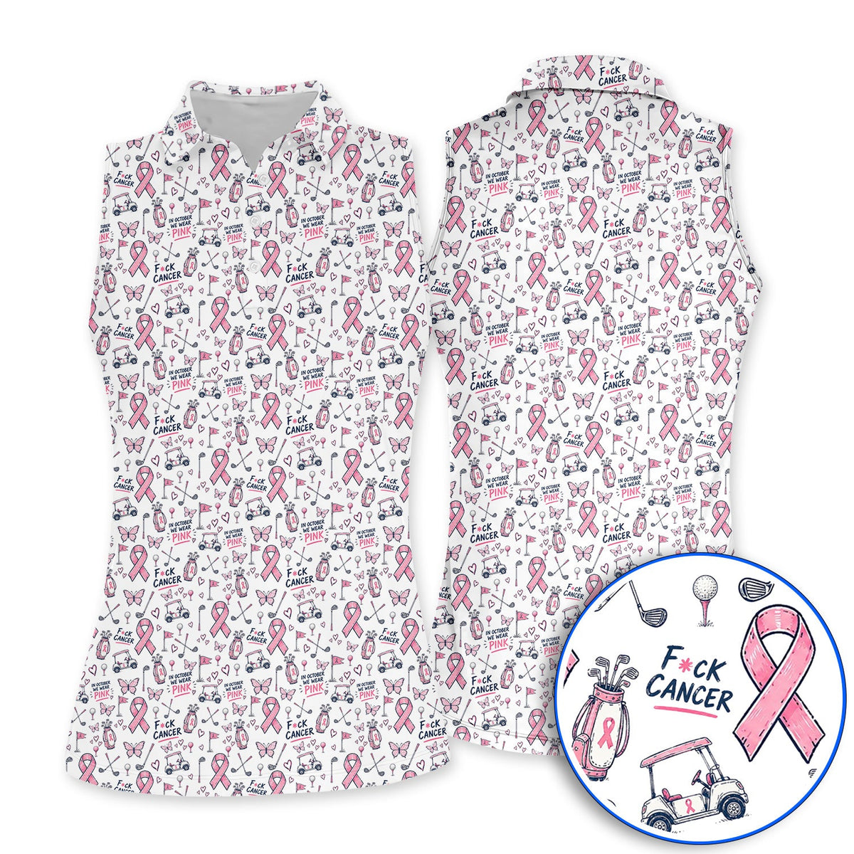 Fight Cancer Golf Shirt, Pink Ribbon Golf Cart Pattern Polos, Breast Cancer Awareness Gift for Golfers