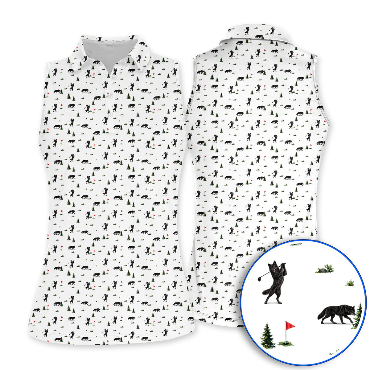 Black Wolf Pattern Golf Polos, Crazy Wolf Golf Shirt, Wilderness Golf Gift for Golfers
