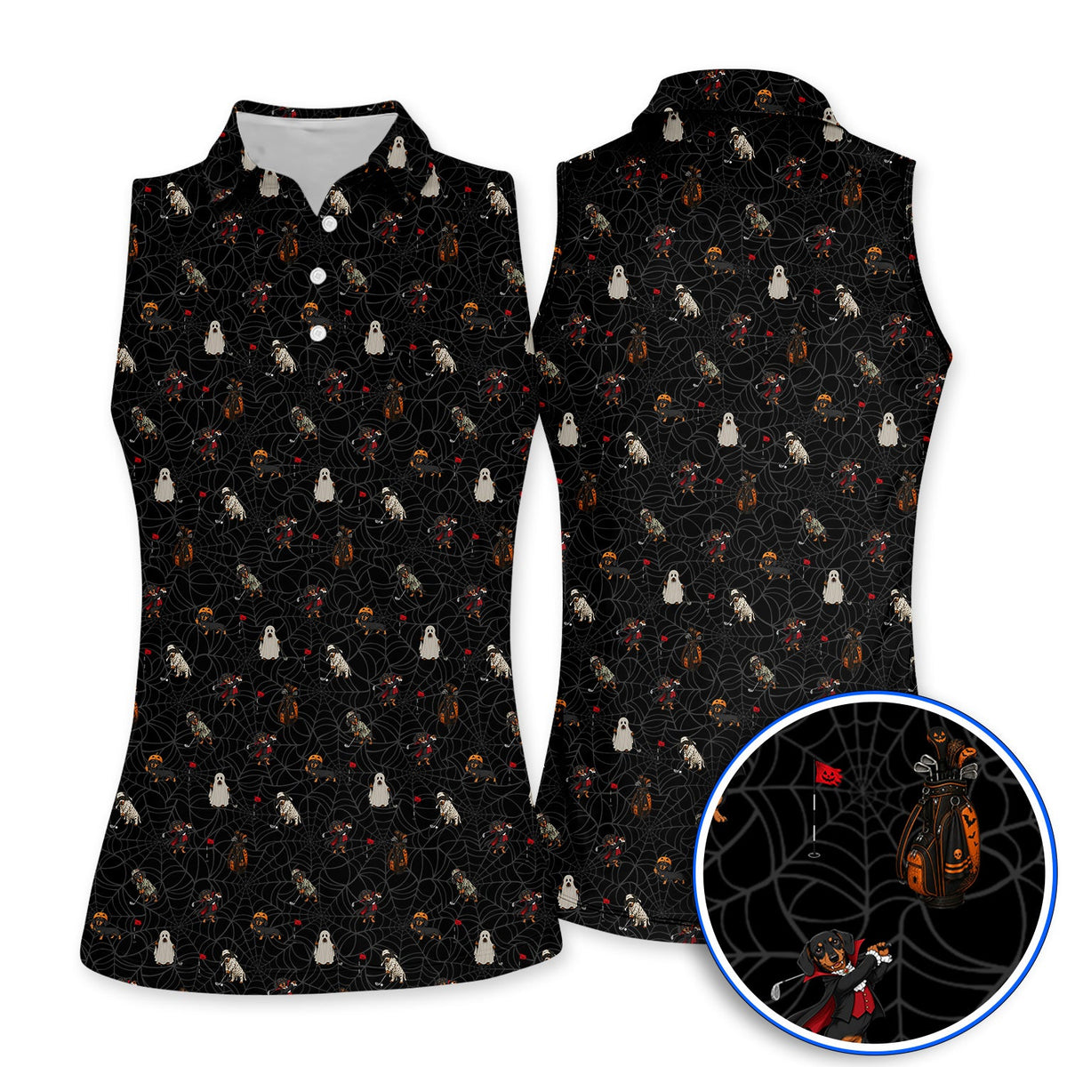 Spooky Dachshund Pattern Golf Polos, Halloween Vampire Wiener Dog Shirt, Crazy Golf Gift For Golfer