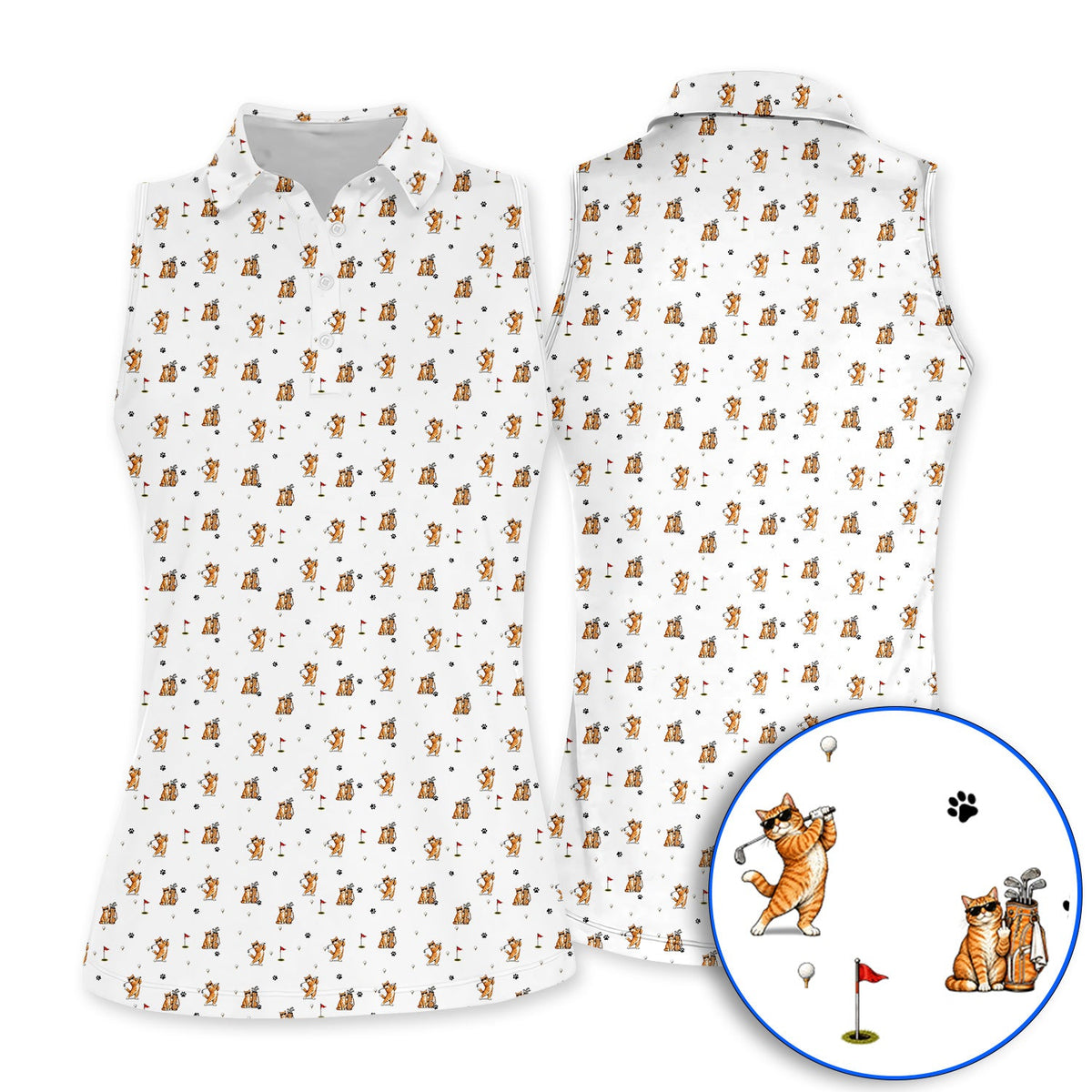 Funny Golf Cat Shirt, Orange Tabby Cat Playing Golf Pattern Polos, Golf Gift For Golfers