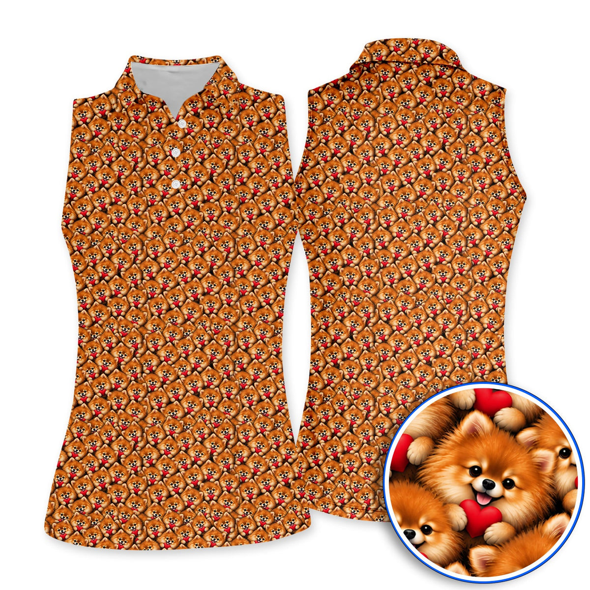 Cute Pomeranian Hearts Pattern Golf Polos, Funny Golf Shirt For Dog Lovers, Golf Gift For Golfers