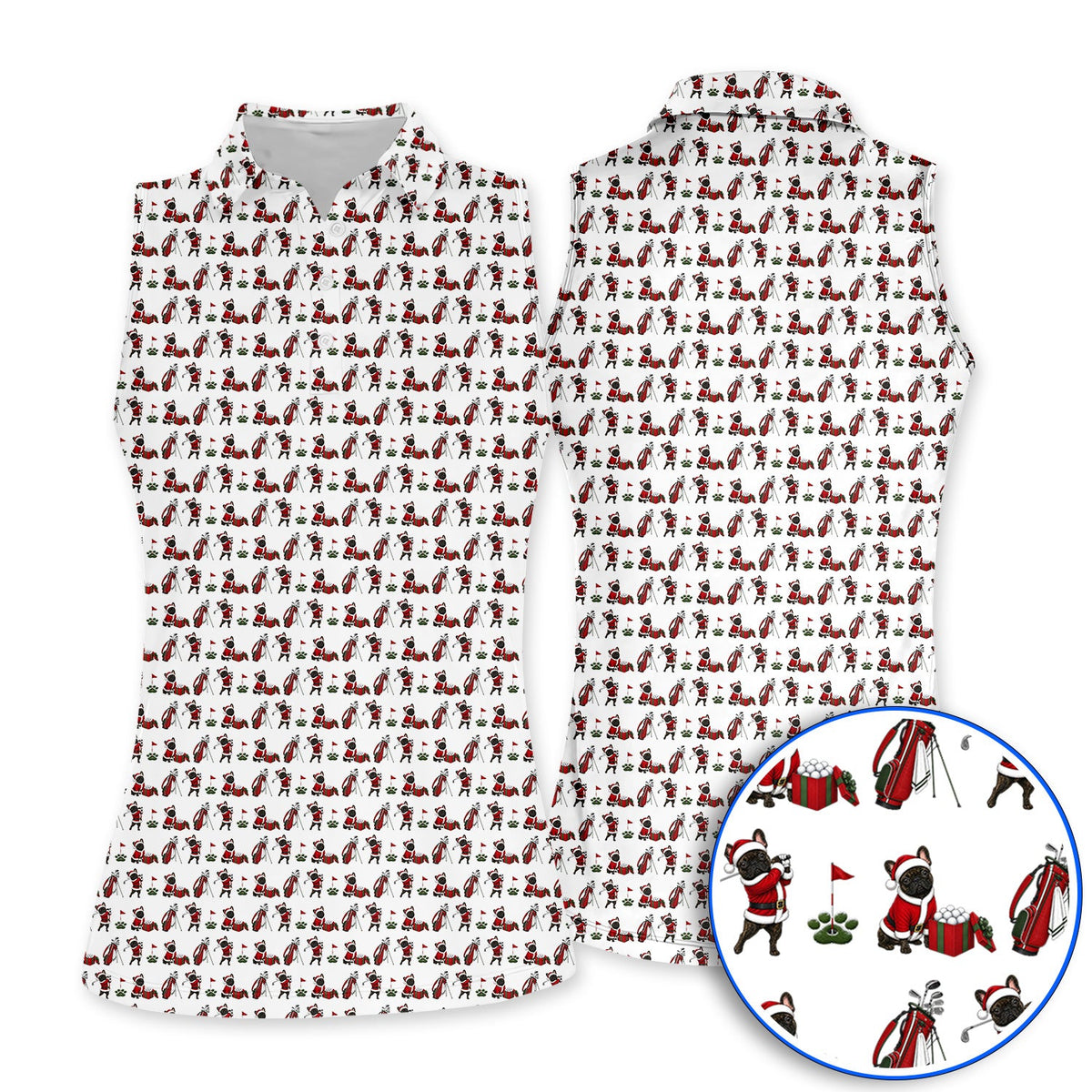 Christmas French BullDog Pattern Golf Polos, Funny Santa French BullDog Holiday Golf Shirt, Xmas Golf Gift For Golfers