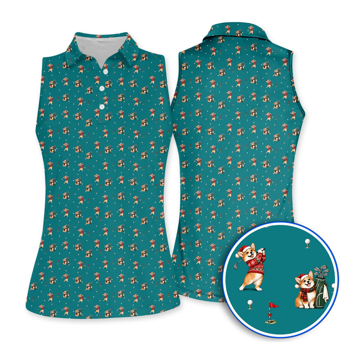 Crazy Corgi Christmas Golf Polos, Xmas Corgi Pattern Golf Shirt, Golf Gift For Golfers