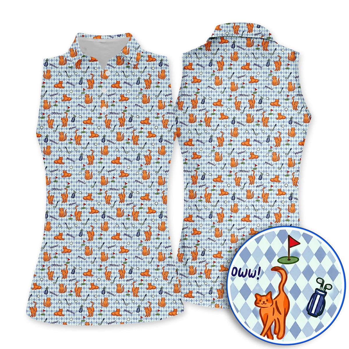 Cute Orange Cat Golf Shirt, Meow Cat And Golf Pattern Polos, Funny Cat Golf Gift For Golfer