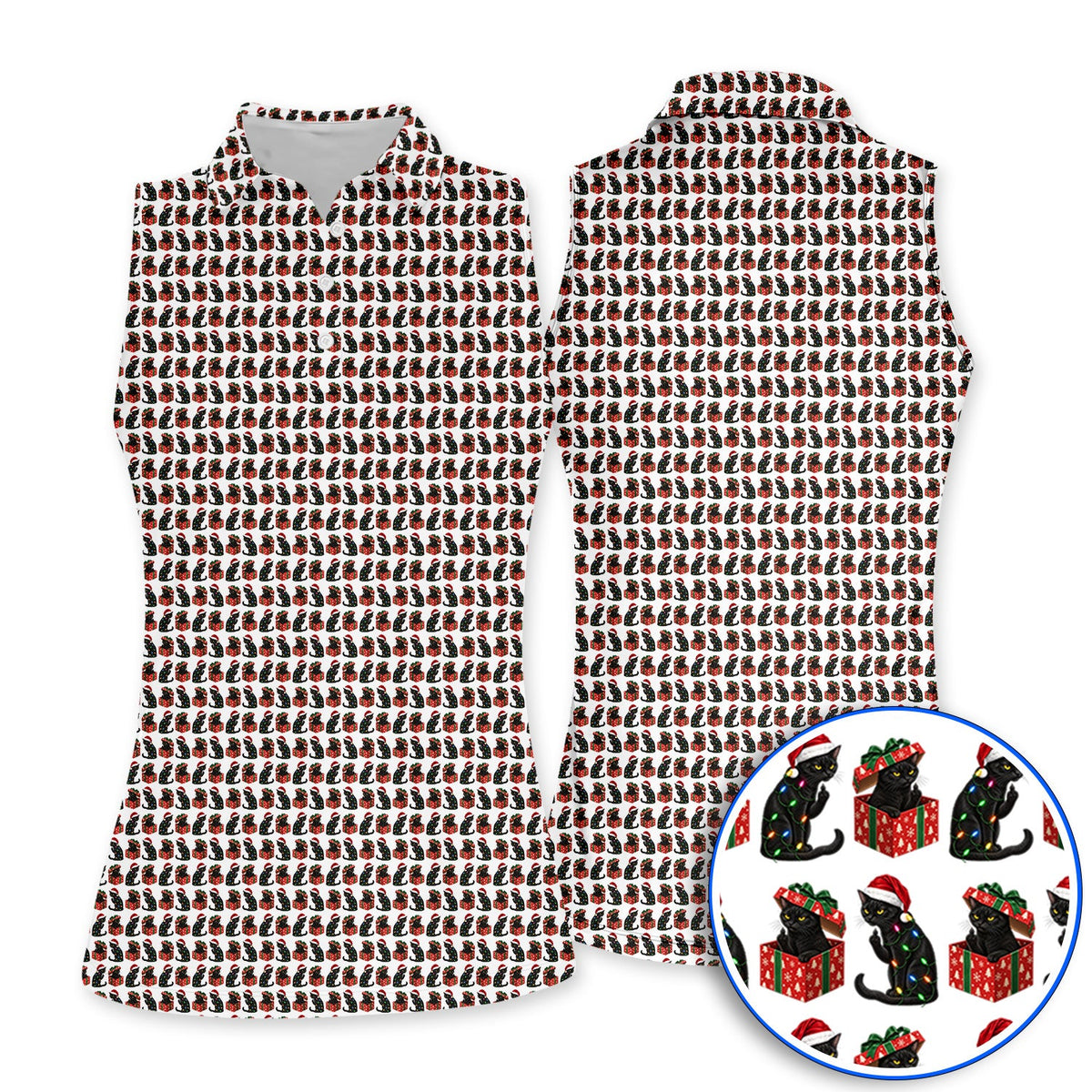 Black Cat Christmas Pattern Golf Polos, Funny Christmas Cat Golf Shirt, Holiday Gift for Cat Lovers