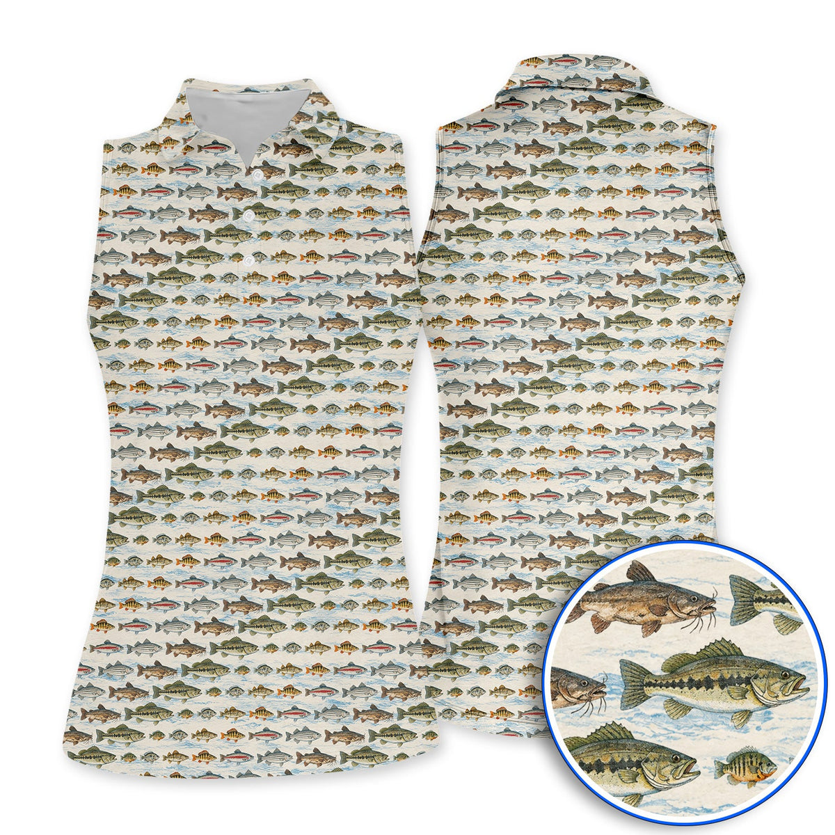 Freshwater Fishing Pattern Golf Shirt, Bass Trout Catfish & Perch Golf Polos, Fishing Gift For Golfer