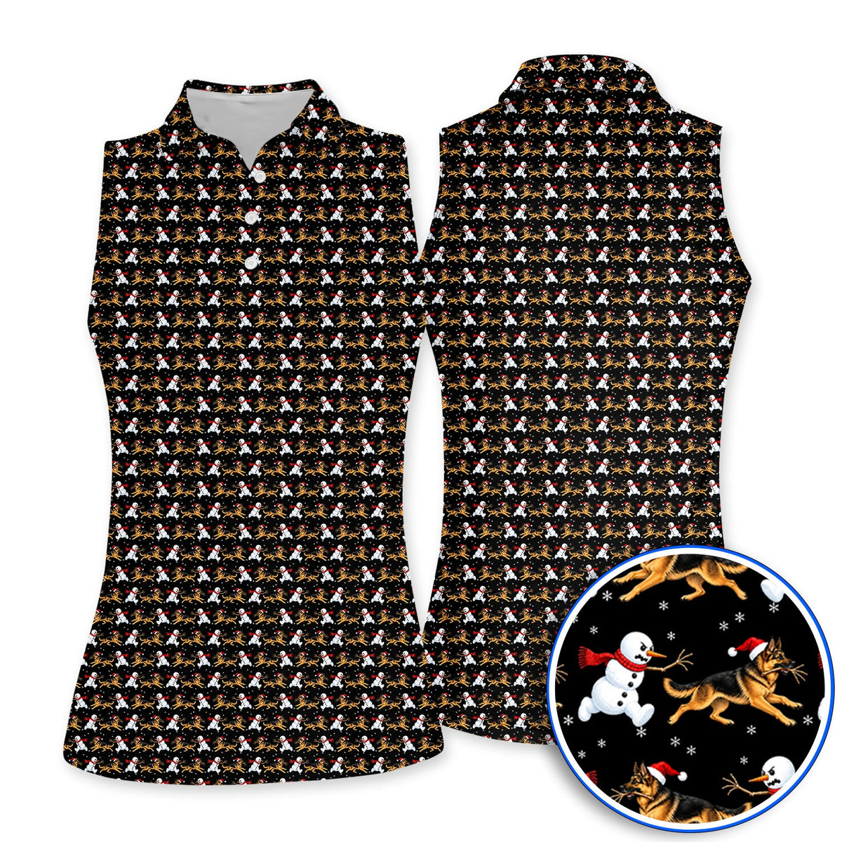 German Shepherd Christmas Golf Polos, Funny Snowman & Santa Dog Pattern Golf Shirt, Xmas Golf Gift For Golfers