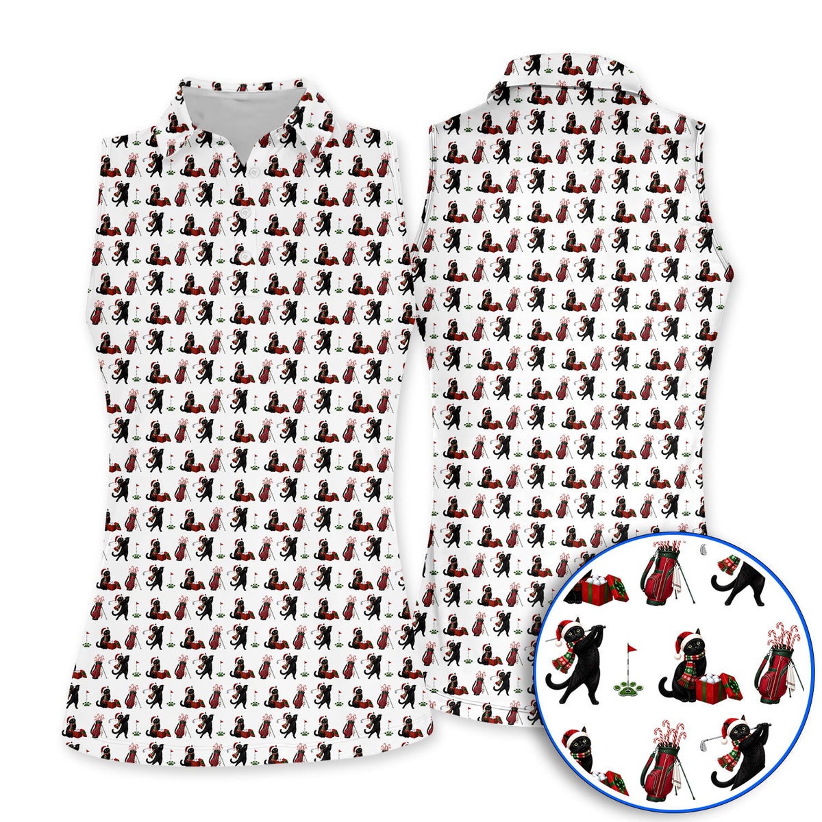 Black Cat Christmas Golf Polos, Festive Cat Patterm Golf Shirt, Funny Holiday Golf Gift For Golfer