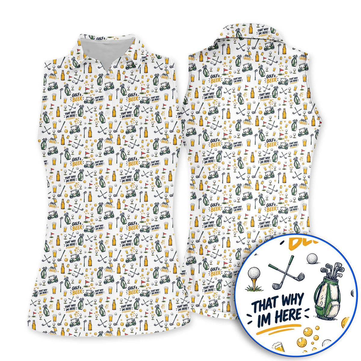 Funny Golf & Beer Shirt, Golf Cart And Beer Pattern Golf Polos, That’s Why I’m Here Golf Gift For Golfer