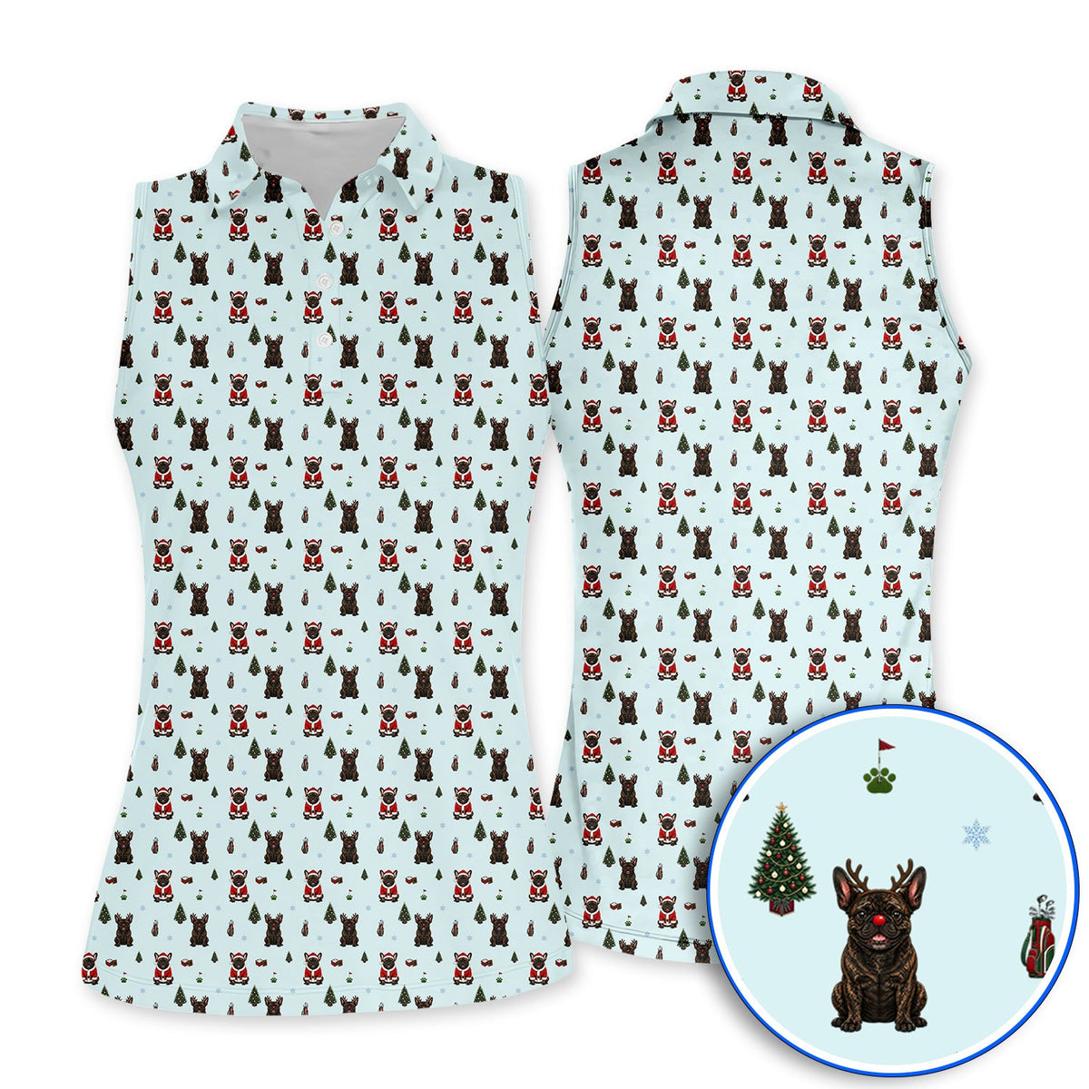 Reindeer French Bulldog Christmas Golf Polos, Festive Dog Holiday Pattern Golf Shirt, Xmas Golf Gift for Golfers