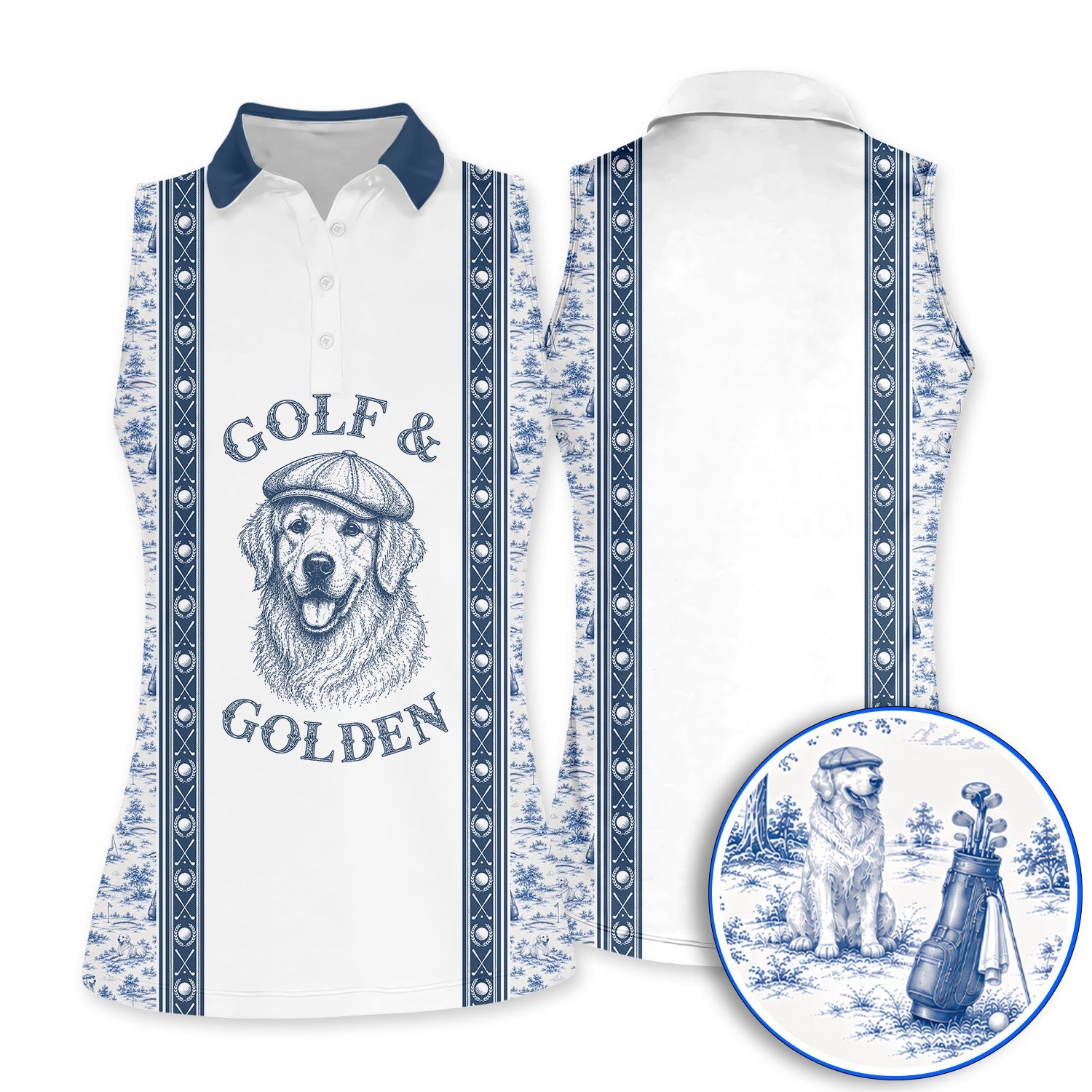 Golden Retriever Golf Shirt, Toile De Jouy Golden Pattern Golf Polos, Crazy Golf Gift For Golfer
