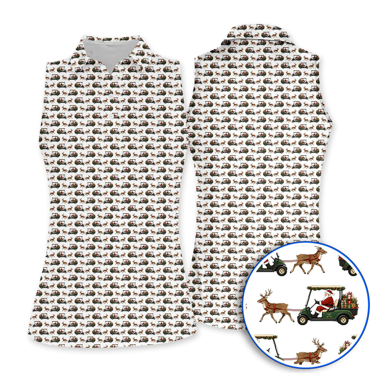 Santa Reindeer Golf Cart Polos, Xmas Pattern Golf Shirt, Crazy Christmas Golf Gift