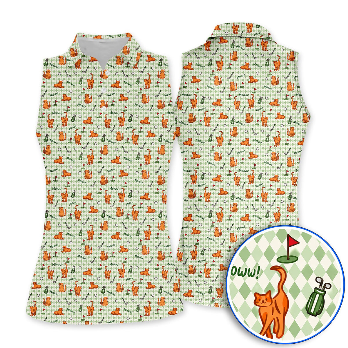 Cute Orange Cat Golf Shirt, Meow Cat And Golf Pattern Polos, Funny Cat Golf Gift For Golfer