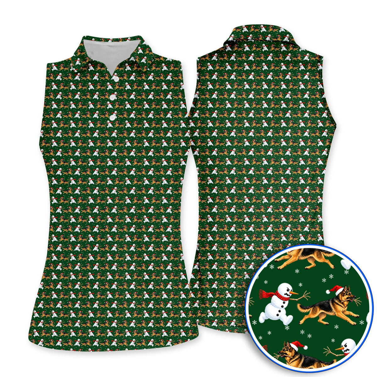German Shepherd Christmas Golf Polos, Funny Snowman & Santa Dog Pattern Golf Shirt, Xmas Golf Gift For Golfers
