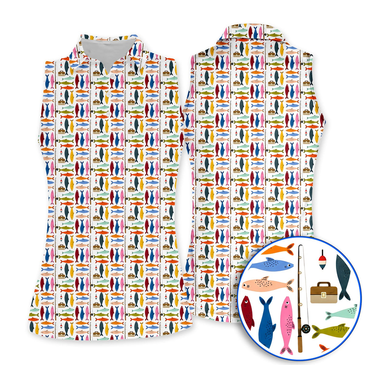 Colorful Fish Pattern Golf Polos, Fishing Rod Pattern Golf Polos, Crazy Golf Gift For Anglers and Fishermen