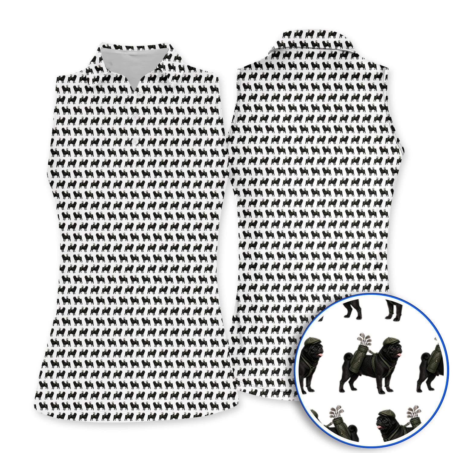 Black Pug Pattern Golf Polos, Funny Pug Golf Shirt, Golf Gift For Golfer