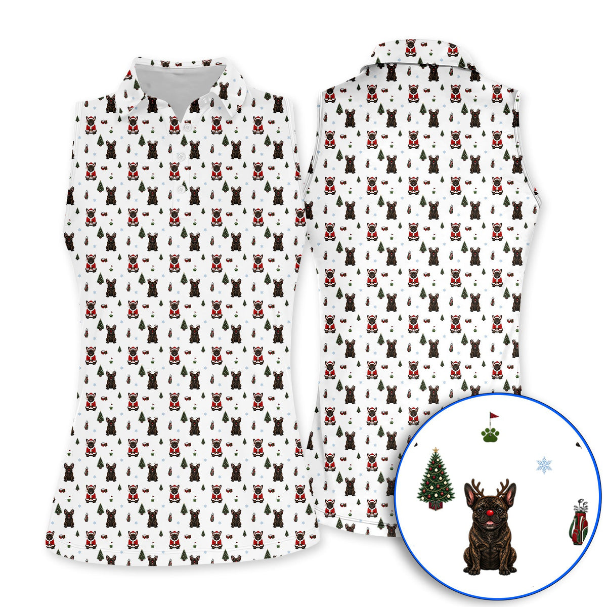 Reindeer French Bulldog Christmas Golf Polos, Festive Dog Holiday Pattern Golf Shirt, Xmas Golf Gift for Golfers