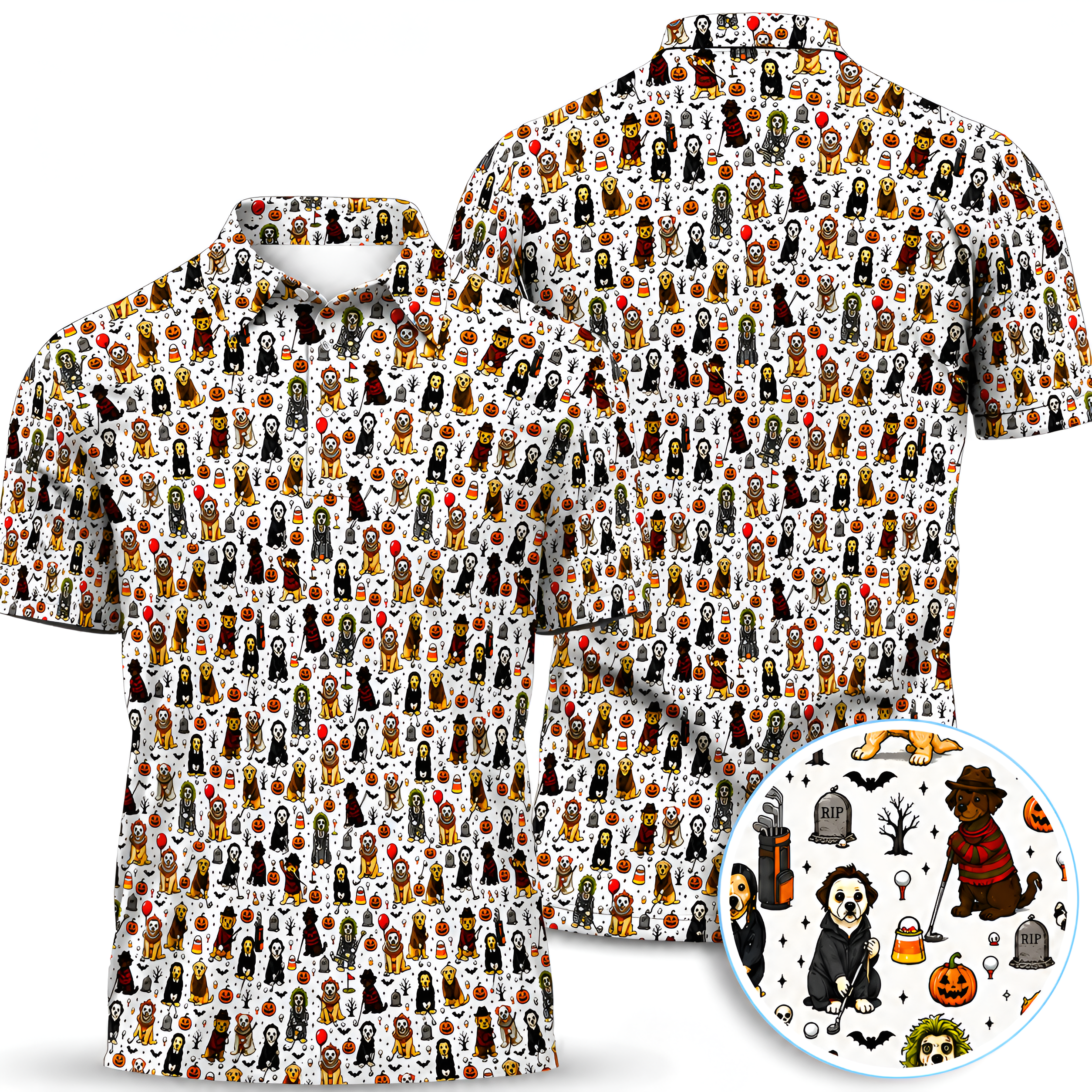 Funny Horror Dog Halloween Golf Pattern Shirt, Spooky Movie Dog Golf Shirt For Men, Halloween Golf Gift