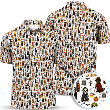 Funny Horror Dog Halloween Golf Pattern Shirt, Spooky Movie Dog Golf Shirt For Men, Halloween Golf Gift