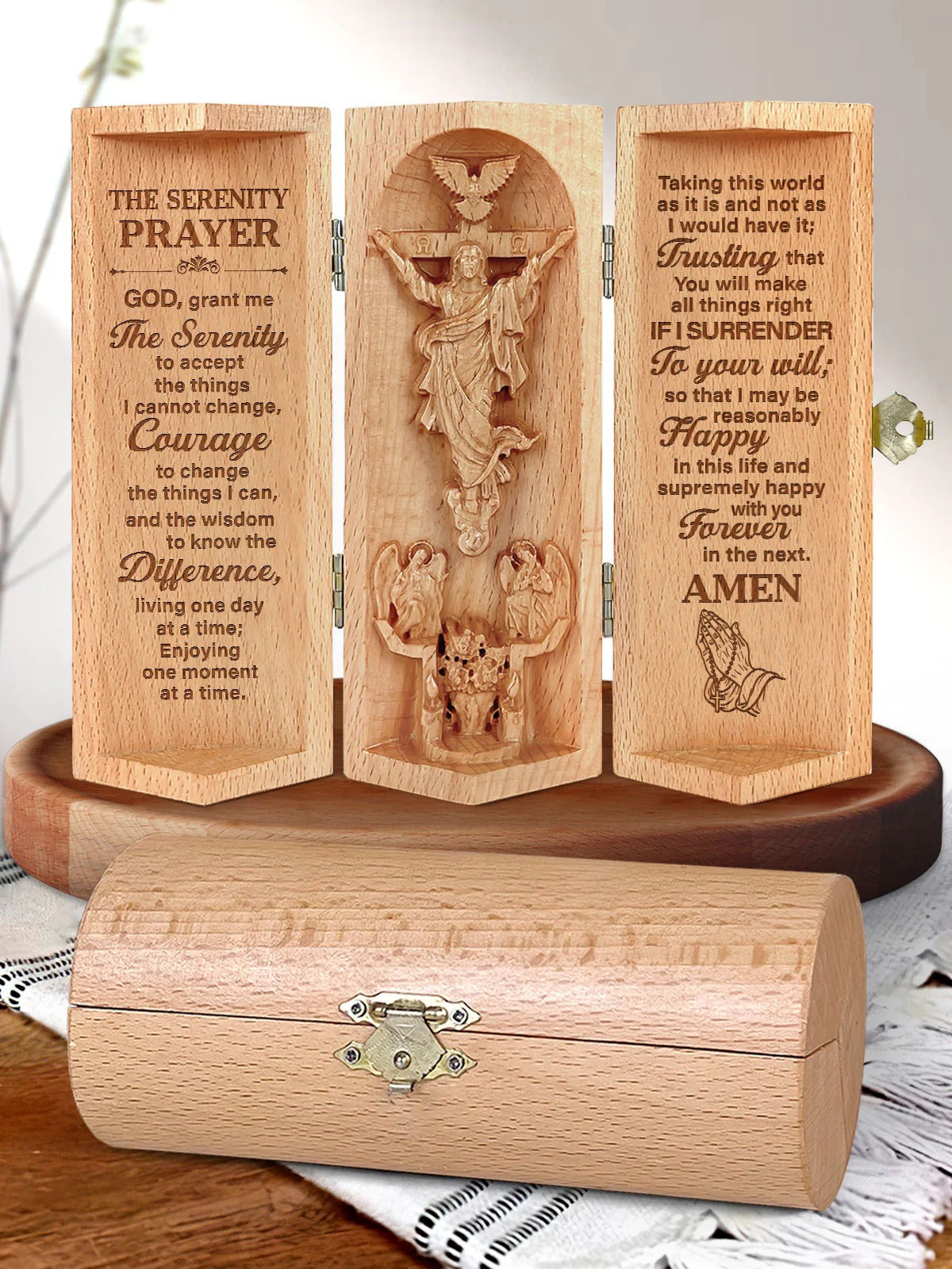 The Serenity Prayer, Personalized Openable Wooden Cylinder Sculpture of Jesus Christ, Christian Gifts