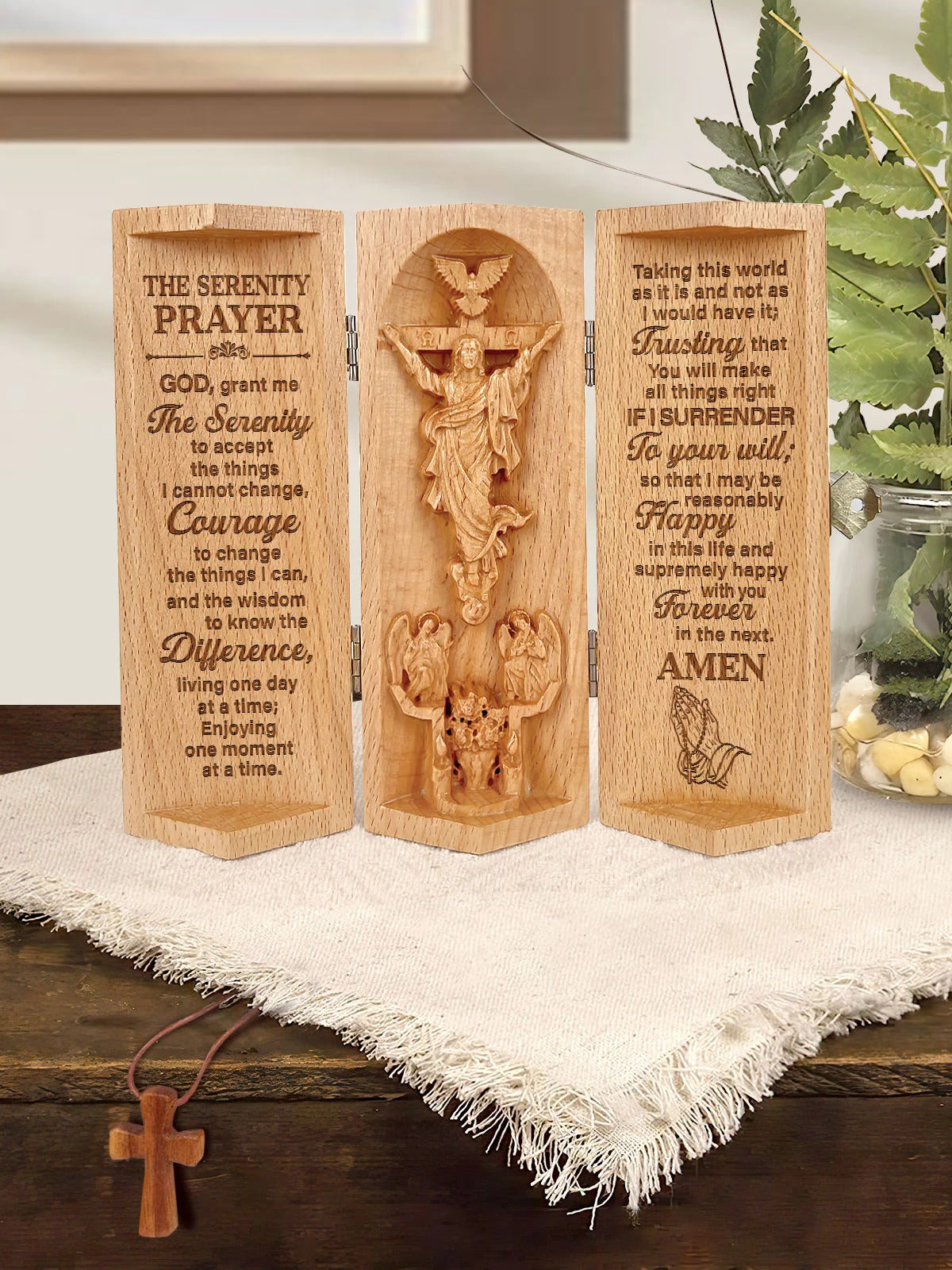 The Serenity Prayer, Personalized Openable Wooden Cylinder Sculpture of Jesus Christ, Christian Gifts