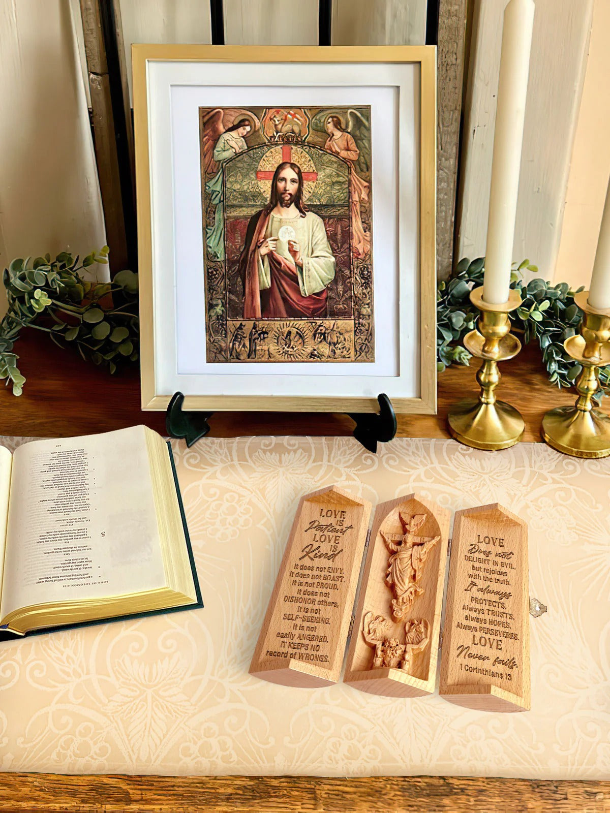 Love Is Patient Love Is Kind, Personalized Openable Wooden Cylinder Sculpture of Jesus Christ, Christian Gifts