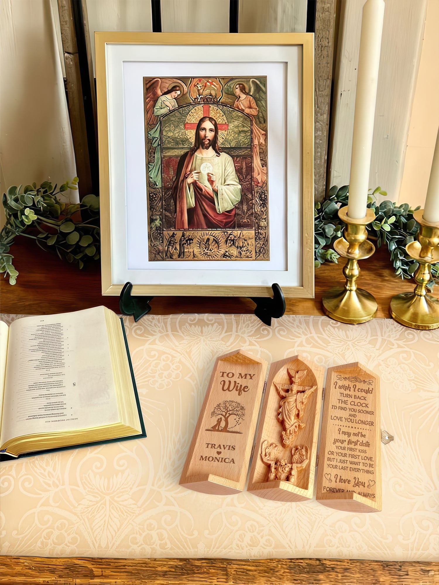 To My Wife Personalized Openable Wooden Cylinder Sculpture of Jesus Christ, Christian Gifts