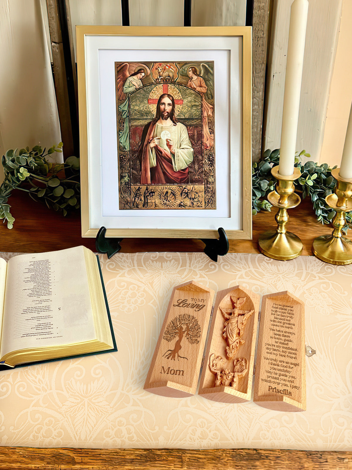 To My Loving Mom Personalized Openable Wooden Cylinder Sculpture of Jesus Christ, Christ Decor